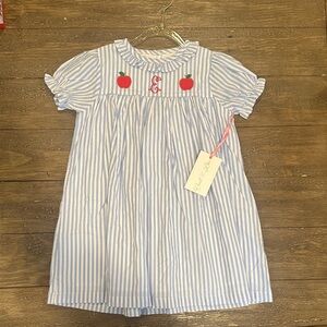 NWT blue and white striped embroidered monogram “E” Cecil & Lou empire dress